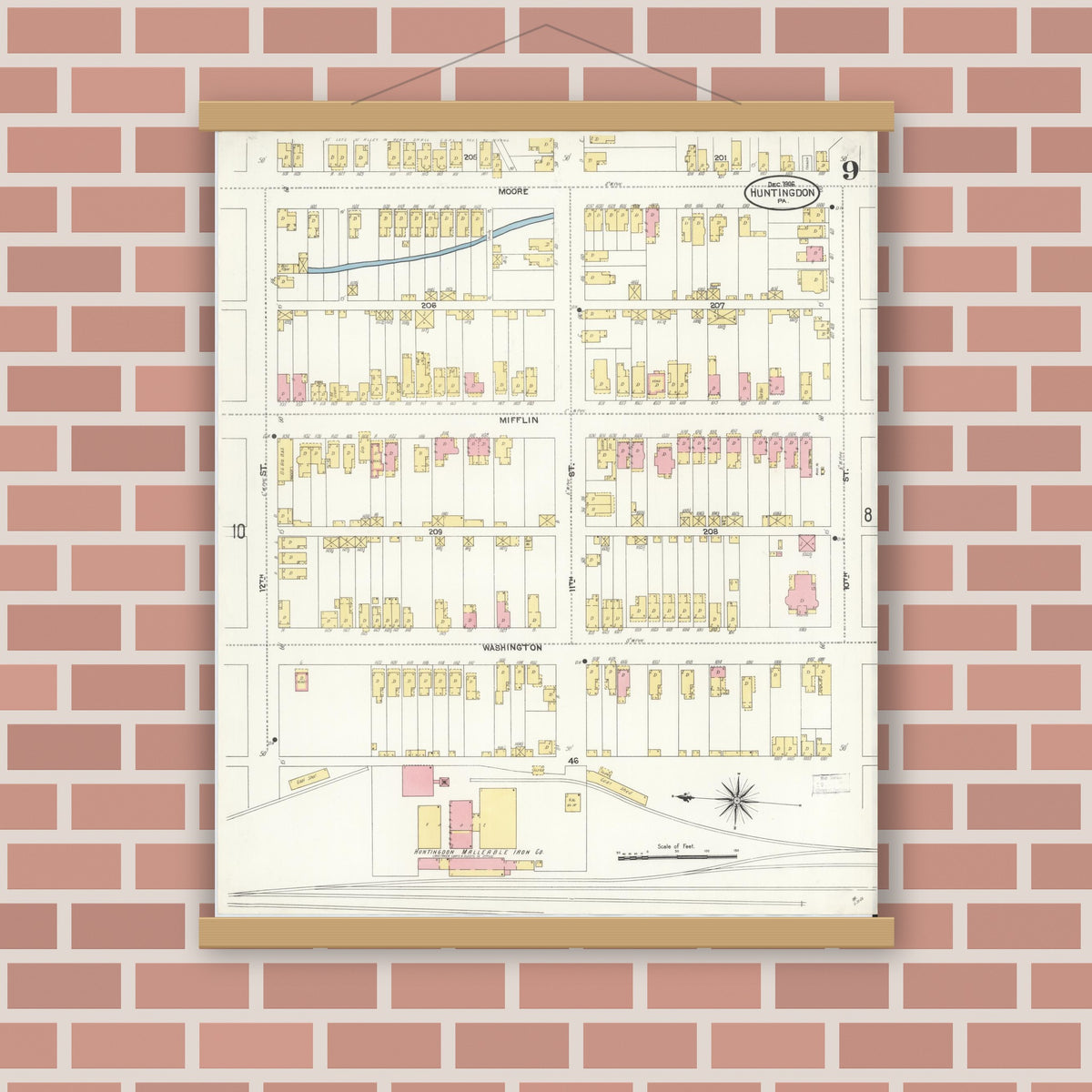 Old map wall art mockup — magnetic wood frame on brick wall — Sanborn Fire Insurance Map from Huntingdon, Huntingdon County, Pennsylvania (1906), Sheet #0009