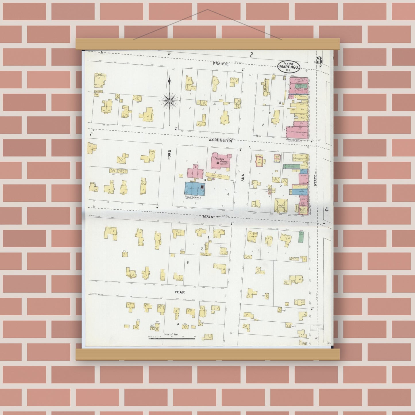 Old map wall art mockup — magnetic wood frame on brick wall — Sanborn Fire Insurance Map from Marengo, McHenry County, Illinois (1905), Sheet #0003