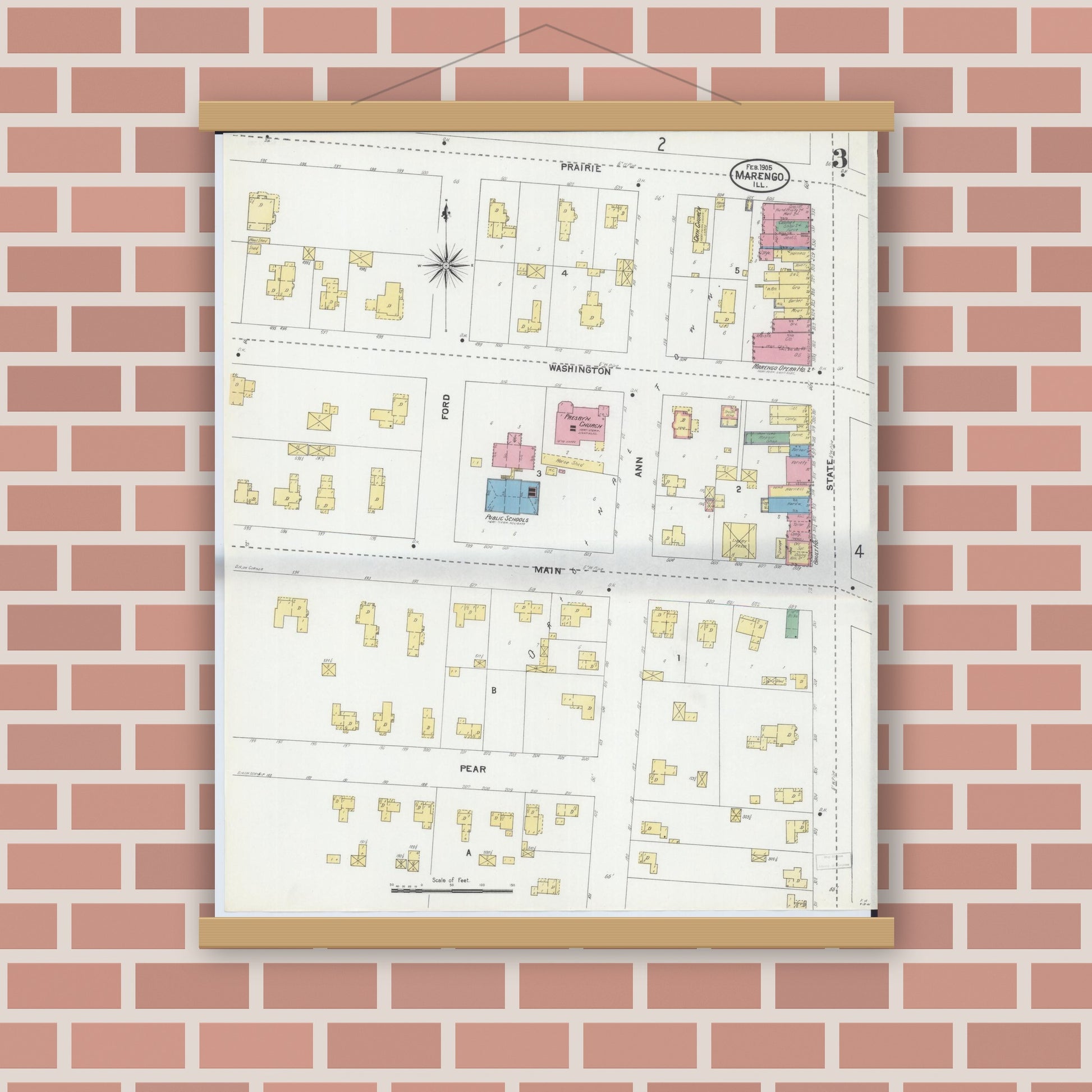 Old map wall art mockup — magnetic wood frame on brick wall — Sanborn Fire Insurance Map from Marengo, McHenry County, Illinois (1905), Sheet #0003