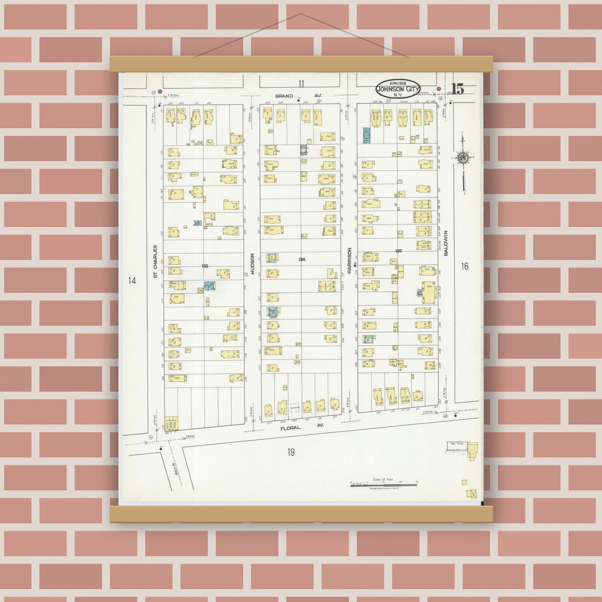 Old map wall art mockup — magnetic wood frame on brick wall — Sanborn Fire Insurance Map from Johnson City, Broome County, New York (1918), Sheet #0015