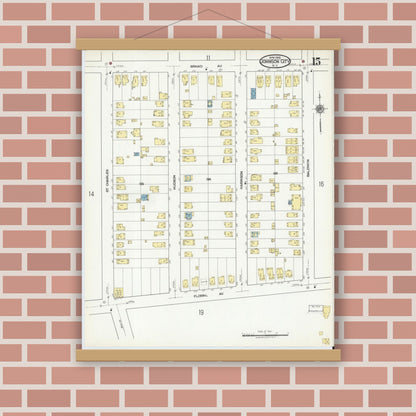 Old map wall art mockup — magnetic wood frame on brick wall — Sanborn Fire Insurance Map from Johnson City, Broome County, New York (1918), Sheet #0015