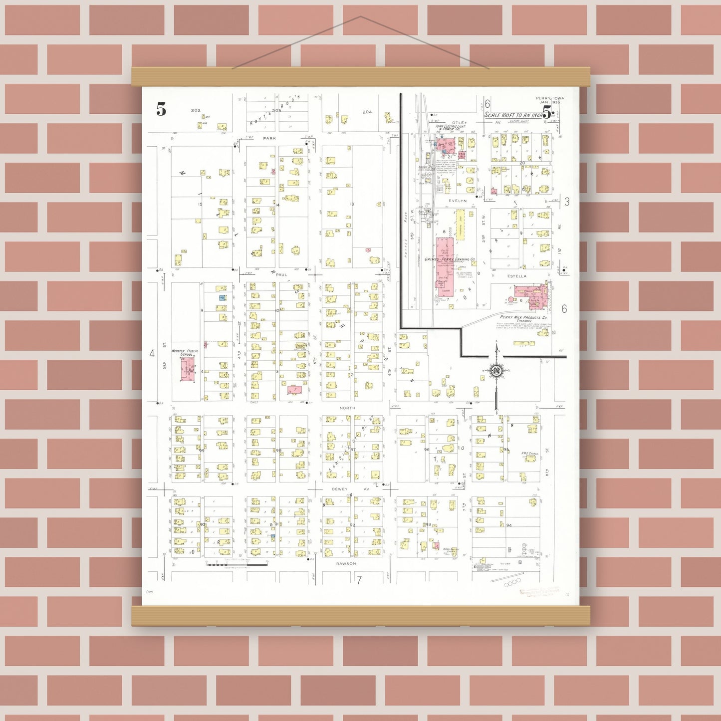 Old map wall art mockup — magnetic wood frame on brick wall — Sanborn Fire Insurance Map from Perry, Dallas County, Iowa (1933), Sheet #0005