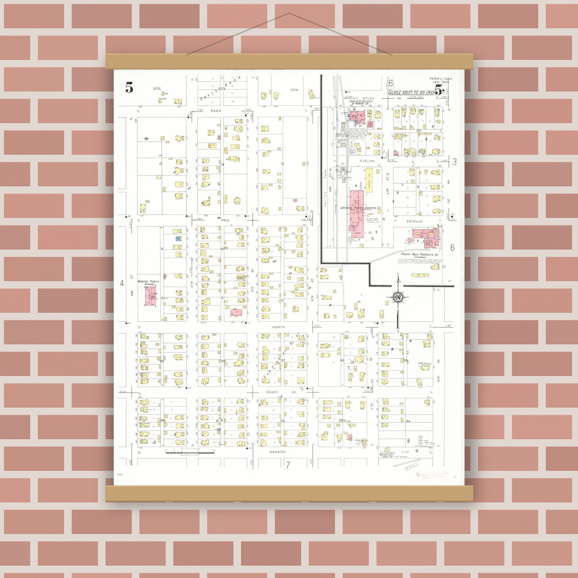 Old map wall art mockup — magnetic wood frame on brick wall — Sanborn Fire Insurance Map from Perry, Dallas County, Iowa (1933), Sheet #0005