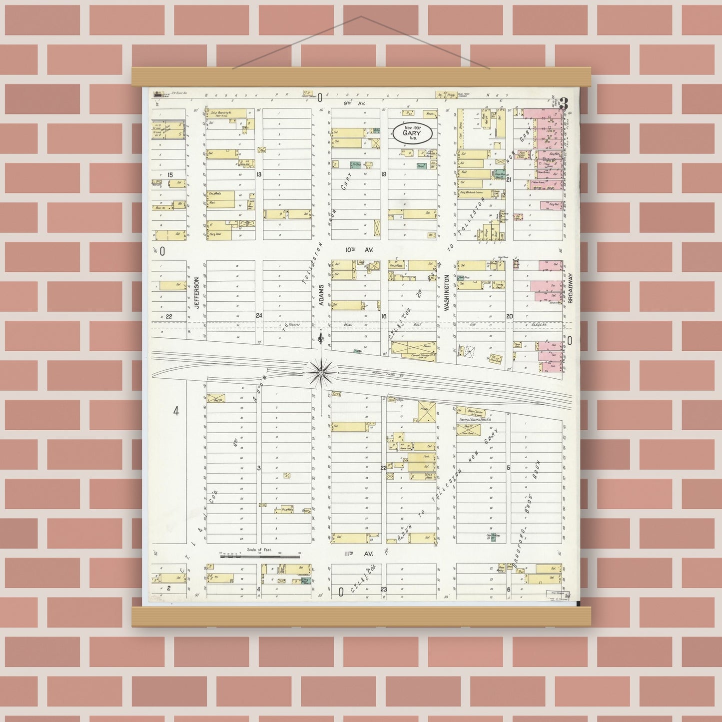 Old map wall art mockup — magnetic wood frame on brick wall — Sanborn Fire Insurance Map from Gary, Lake County, Indiana (1907), Sheet #0003