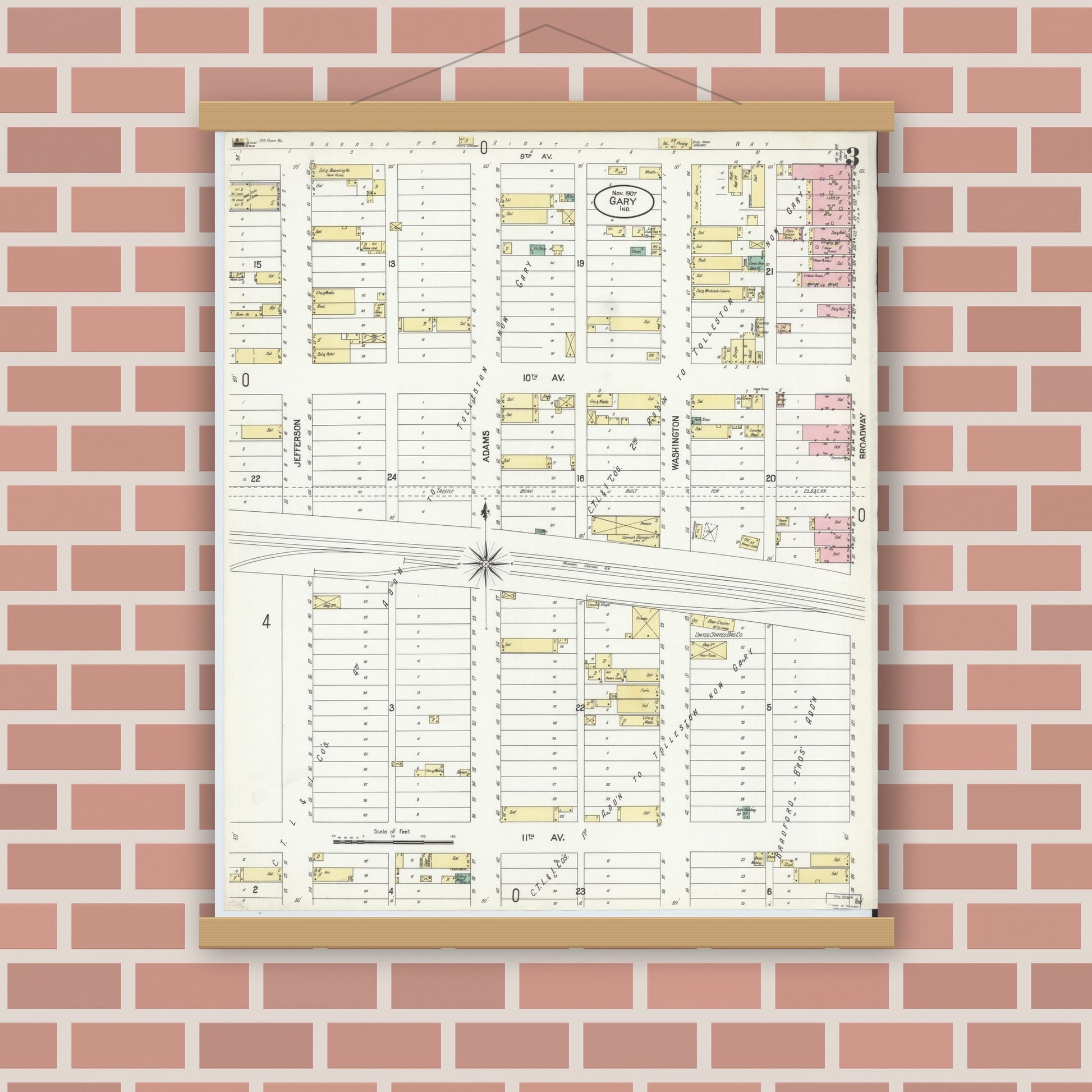 Old map wall art mockup — magnetic wood frame on brick wall — Sanborn Fire Insurance Map from Gary, Lake County, Indiana (1907), Sheet #0003
