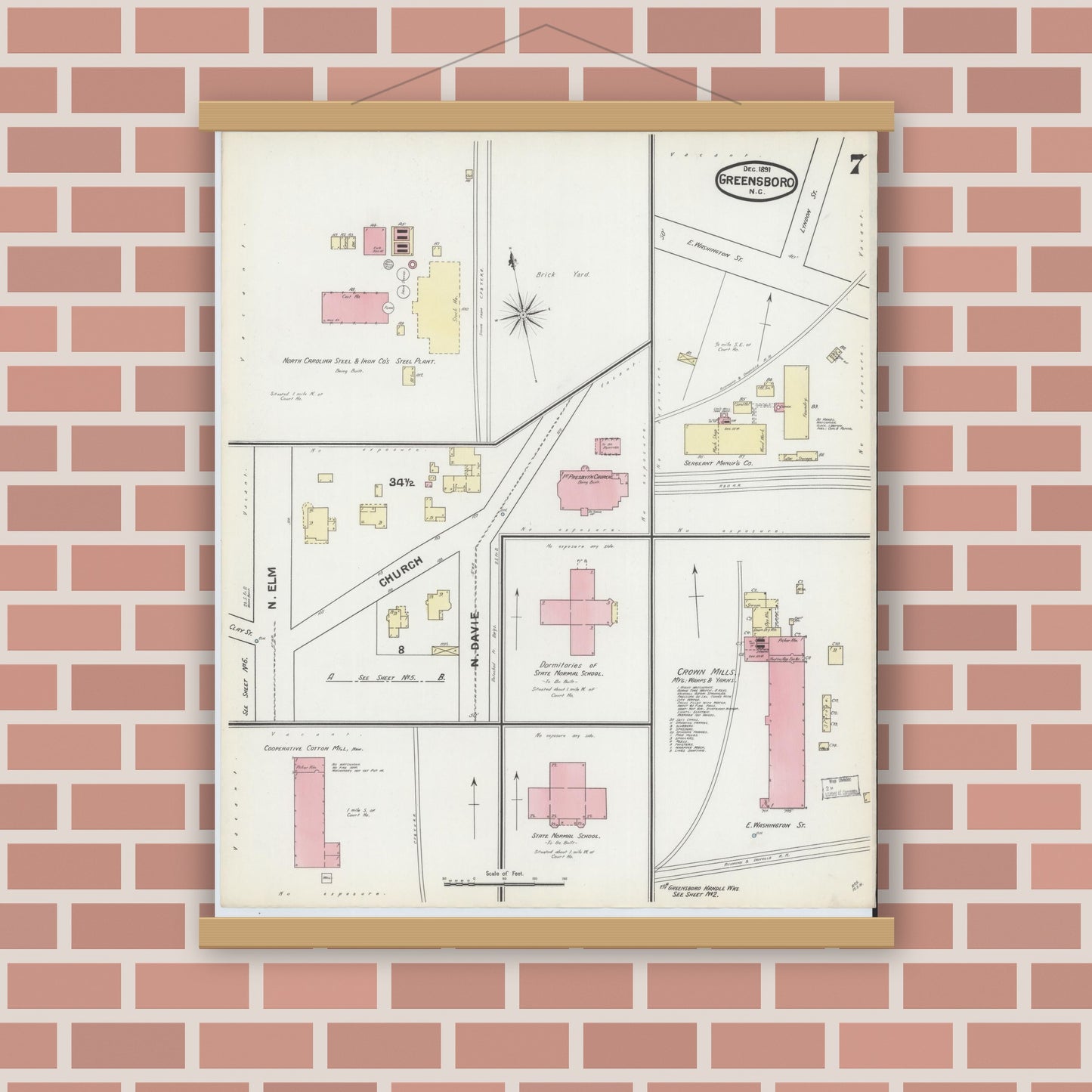 Old map wall art mockup — magnetic wood frame on brick wall — Sanborn Fire Insurance Map from Greensboro, Guilford County, North Carolina (1891), Sheet #0007