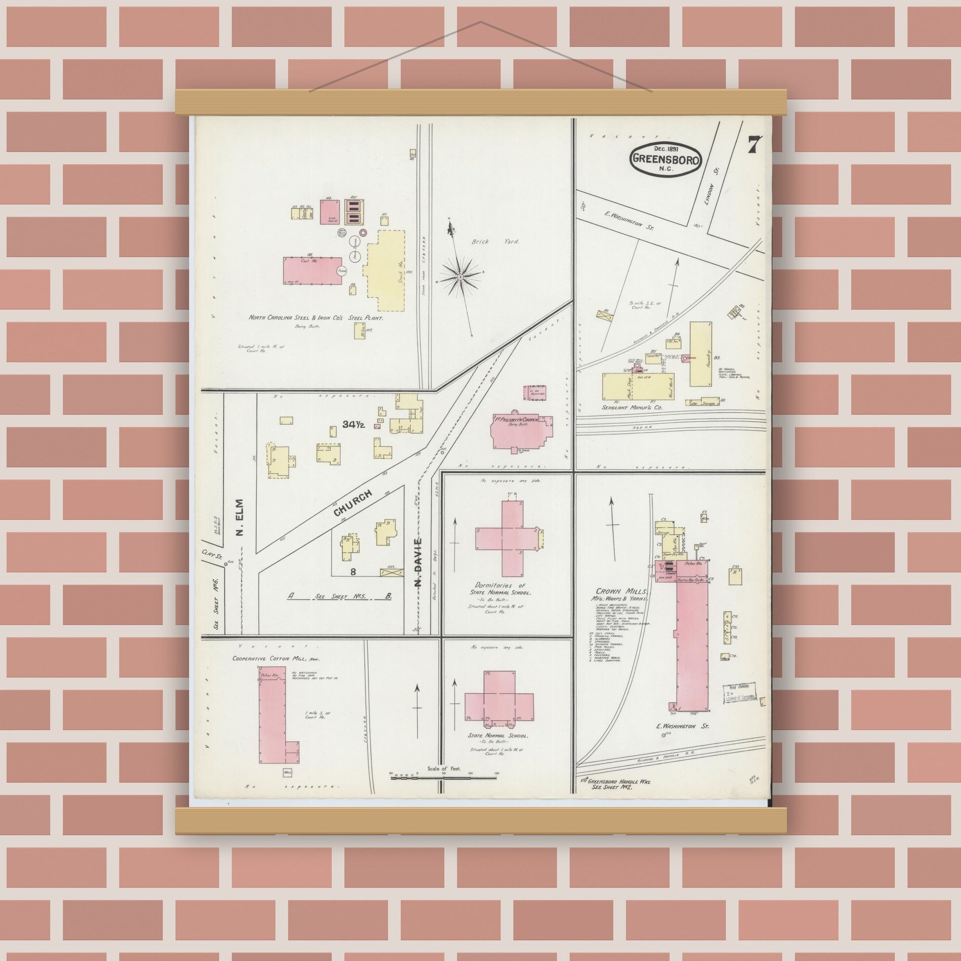 Old map wall art mockup — magnetic wood frame on brick wall — Sanborn Fire Insurance Map from Greensboro, Guilford County, North Carolina (1891), Sheet #0007