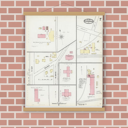 Old map wall art mockup — magnetic wood frame on brick wall — Sanborn Fire Insurance Map from Greensboro, Guilford County, North Carolina (1891), Sheet #0007