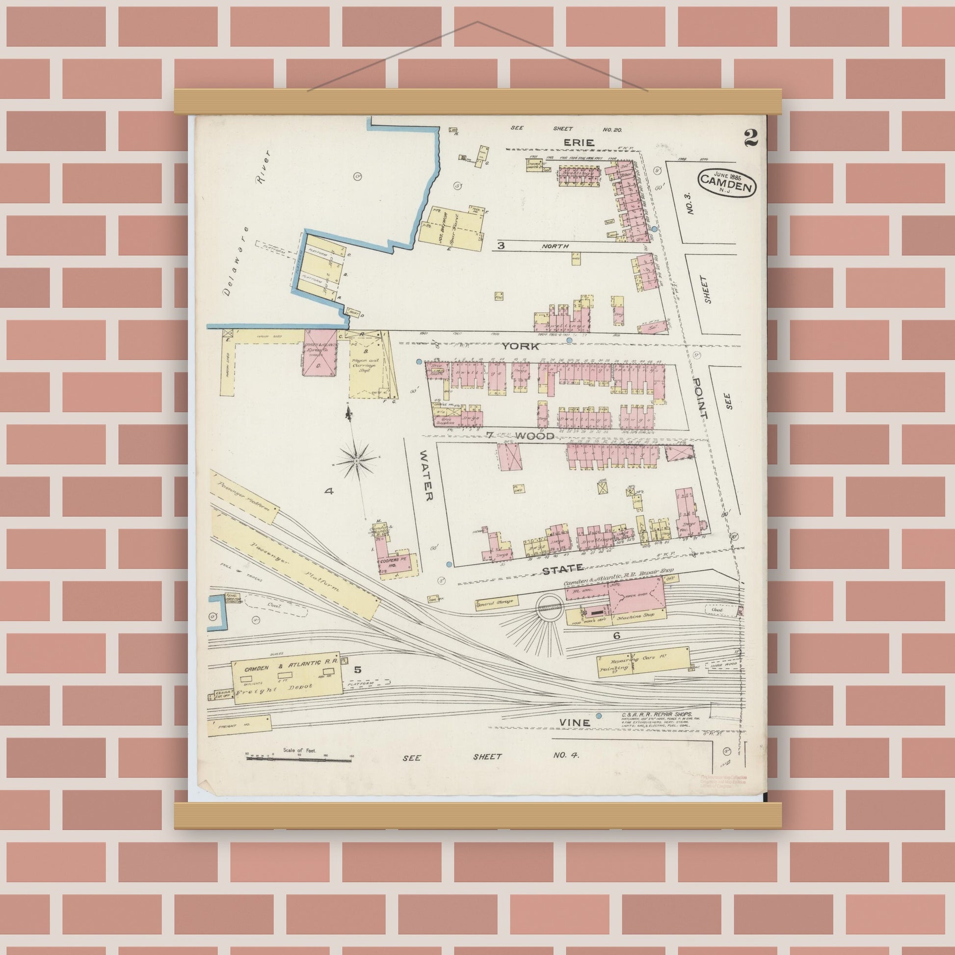 Old map wall art mockup — magnetic wood frame on brick wall — Sanborn Fire Insurance Map from Camden, Camden County, New Jersey (1885), Sheet #0002