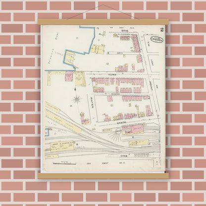 Old map wall art mockup — magnetic wood frame on brick wall — Sanborn Fire Insurance Map from Camden, Camden County, New Jersey (1885), Sheet #0002