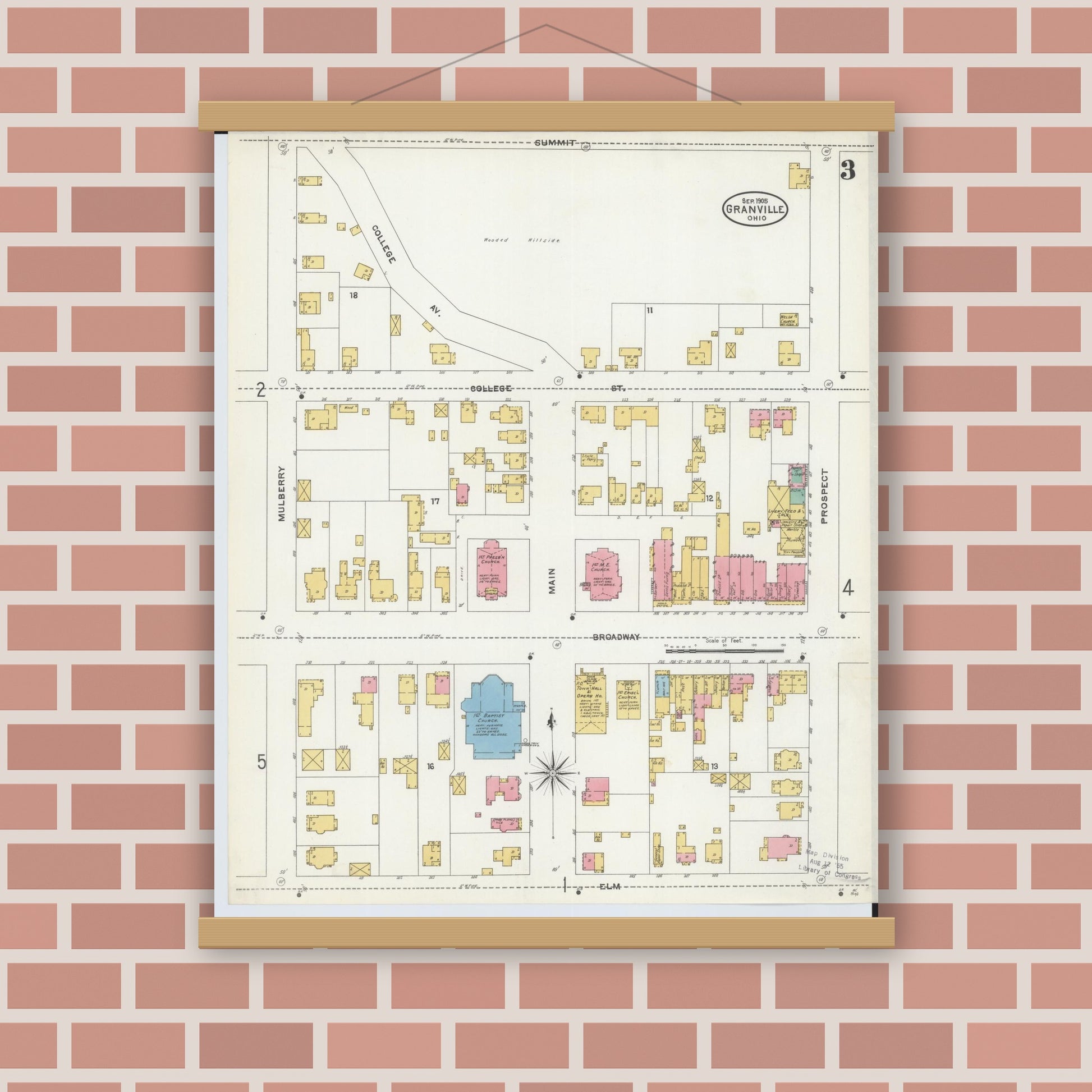 Old map wall art mockup — magnetic wood frame on brick wall — Sanborn Fire Insurance Map from Granville, Licking County, Ohio (1905), Sheet #0003