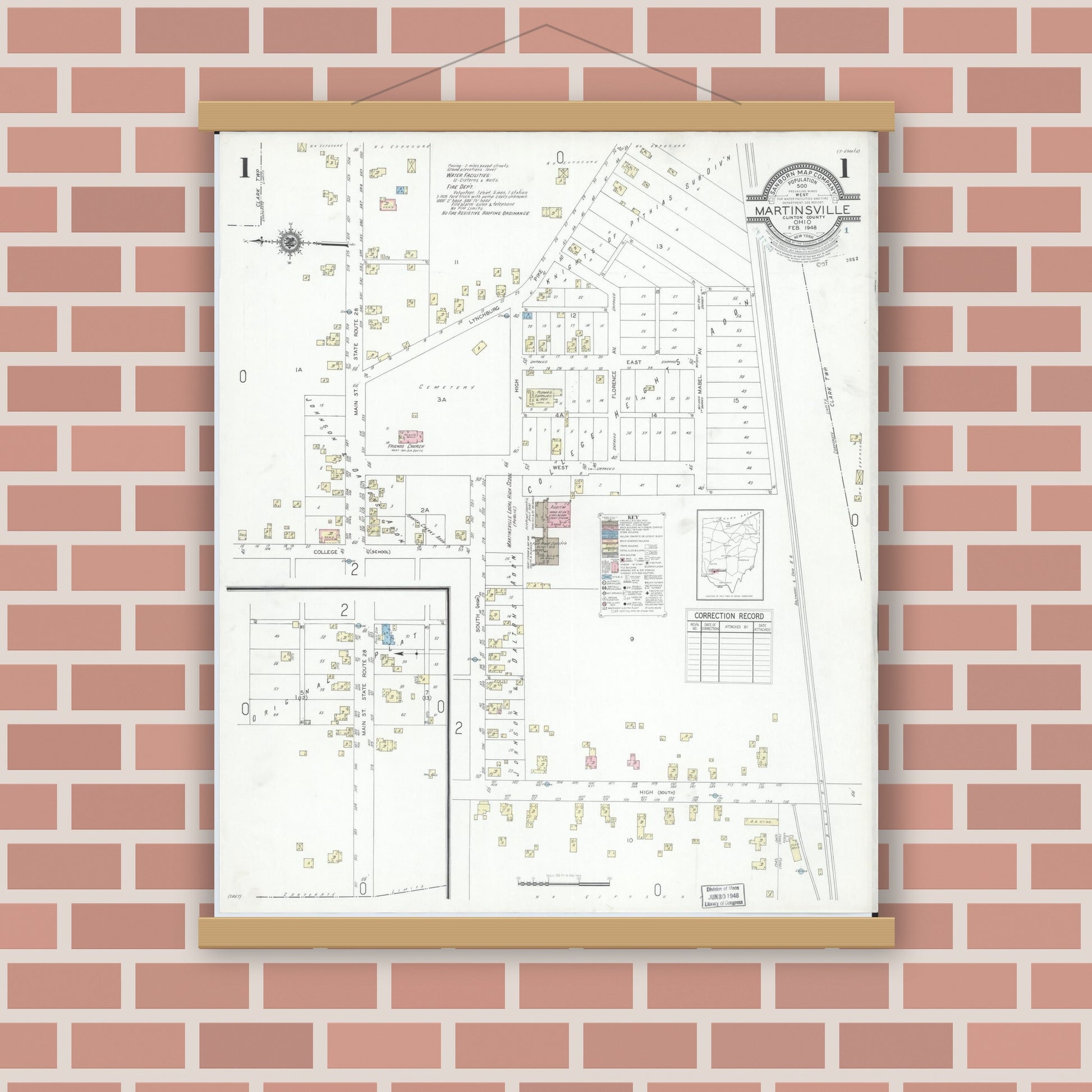 Old map wall art mockup — magnetic wood frame on brick wall — Sanborn Fire Insurance Map from Martinsville, Clinton County, Ohio (1948) - Complete Map Set