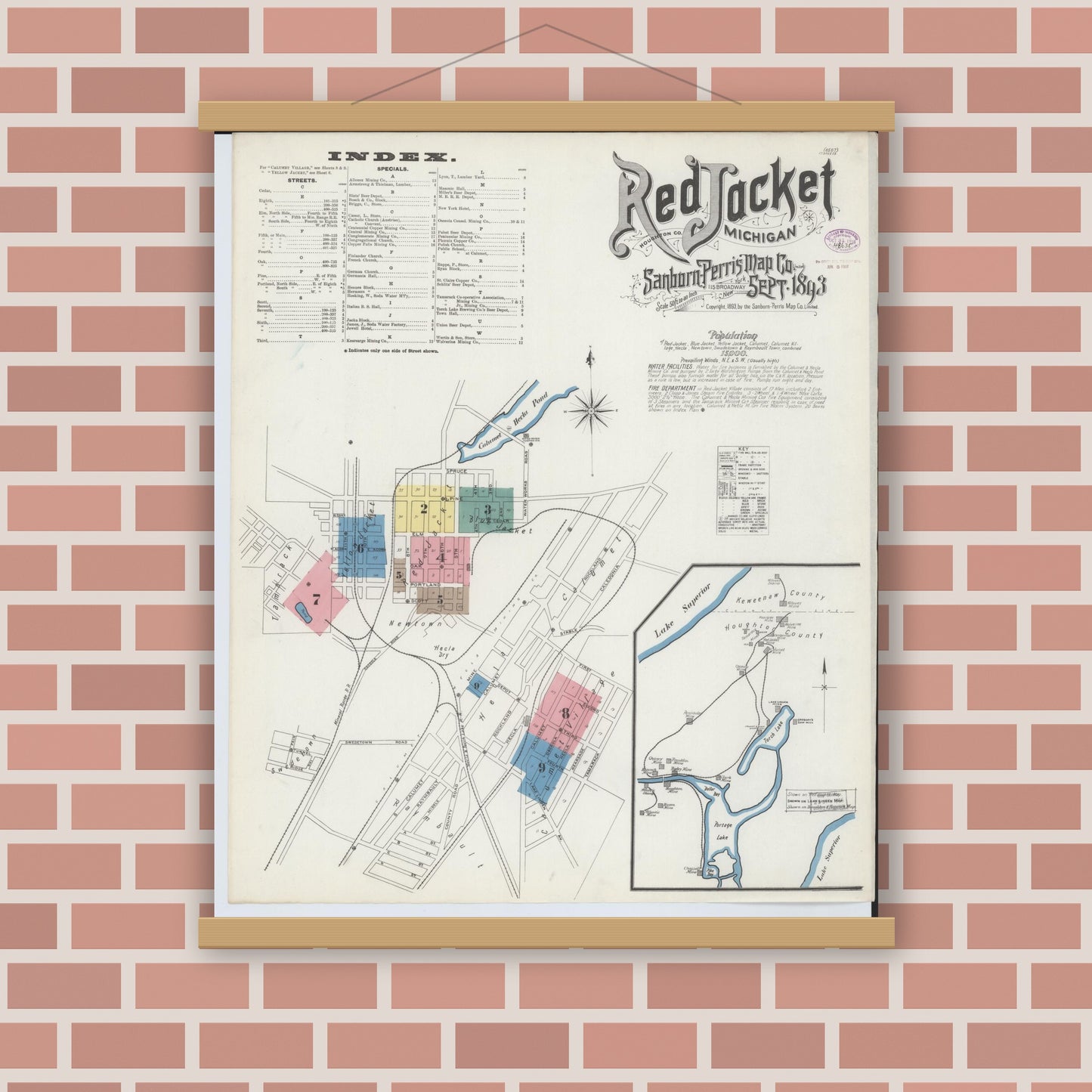 Old map wall art mockup — magnetic wood frame on brick wall — Sanborn Fire Insurance Map from Red Jacket, Houghton County, Michigan (1893) - Complete Map Set
