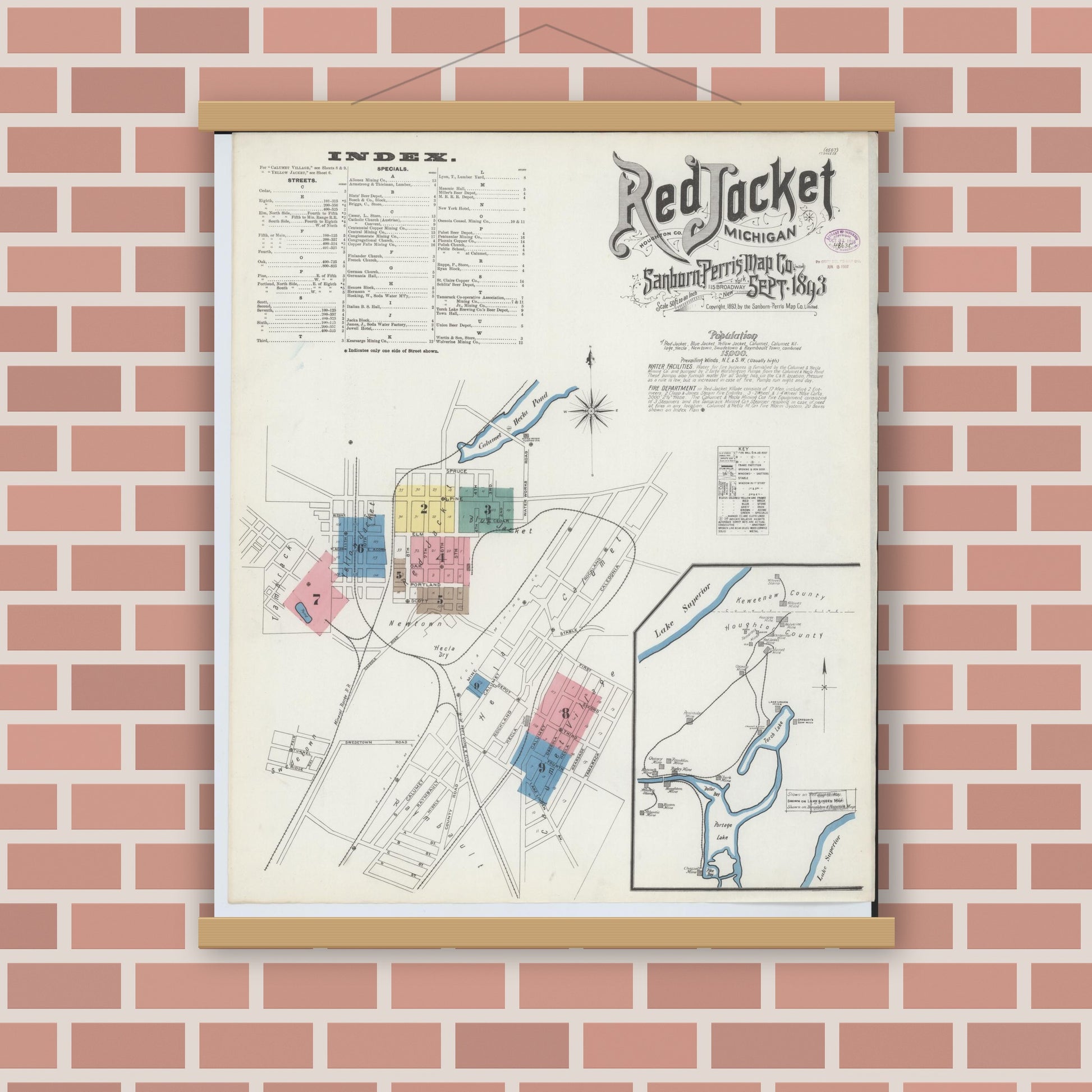 Old map wall art mockup — magnetic wood frame on brick wall — Sanborn Fire Insurance Map from Red Jacket, Houghton County, Michigan (1893) - Complete Map Set