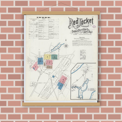 Old map wall art mockup — magnetic wood frame on brick wall — Sanborn Fire Insurance Map from Red Jacket, Houghton County, Michigan (1893) - Complete Map Set