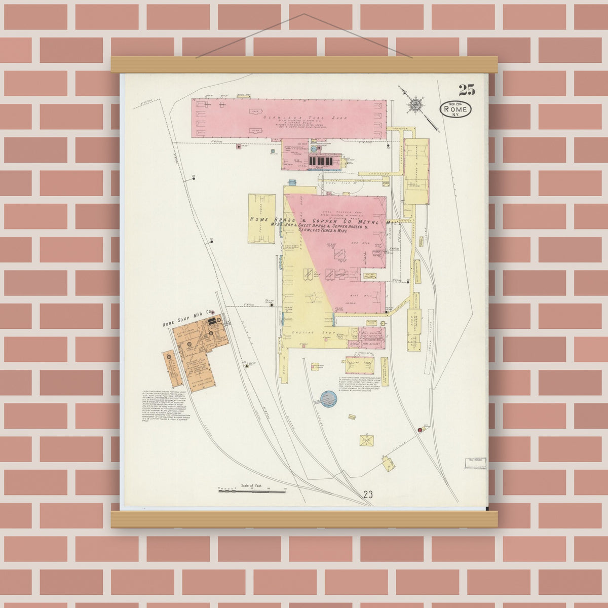 Old map wall art mockup — magnetic wood frame on brick wall — Sanborn Fire Insurance Map from Rome, Oneida County, New York (1914), Sheet #0025