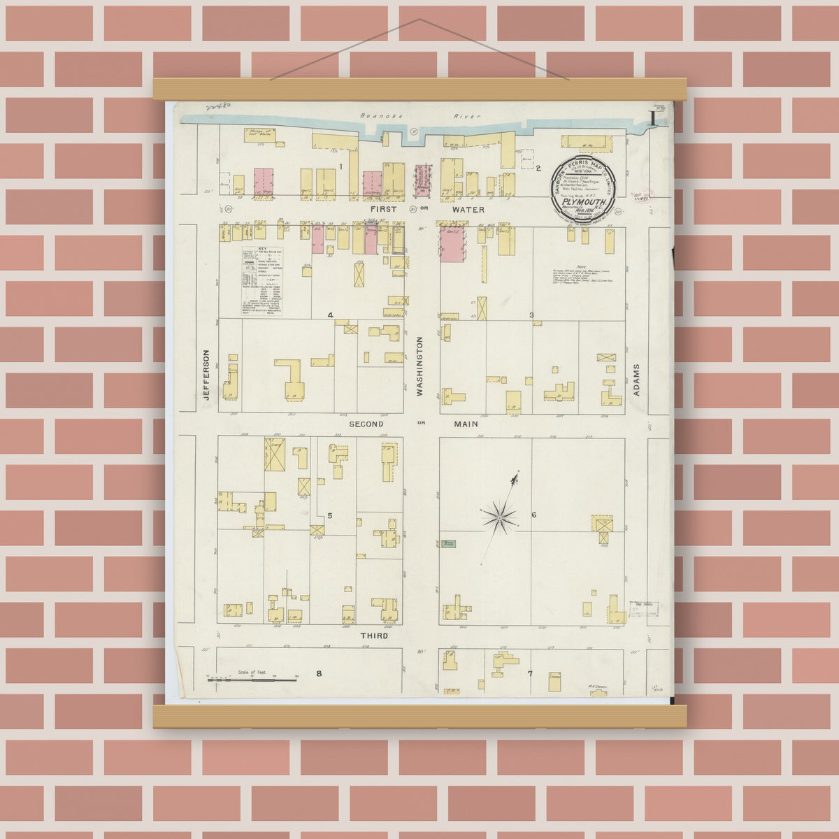 Old map wall art mockup — magnetic wood frame on brick wall — Sanborn Fire Insurance Map from Plymouth, Washington County, North Carolina (1894) - Complete Map Set