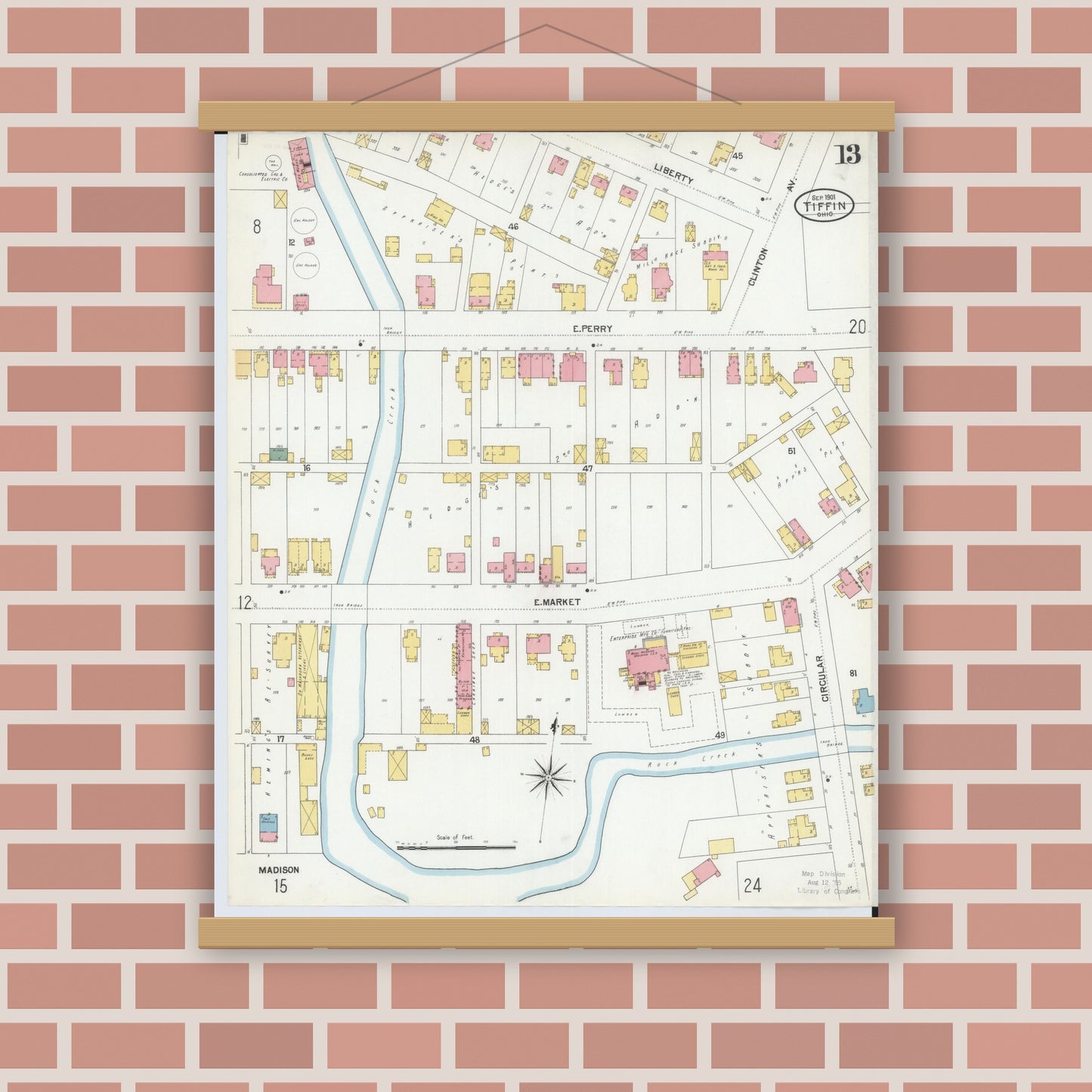 Old map wall art mockup — magnetic wood frame on brick wall — Sanborn Fire Insurance Map from Tiffin, Seneca County, Ohio (1901), Sheet #0013