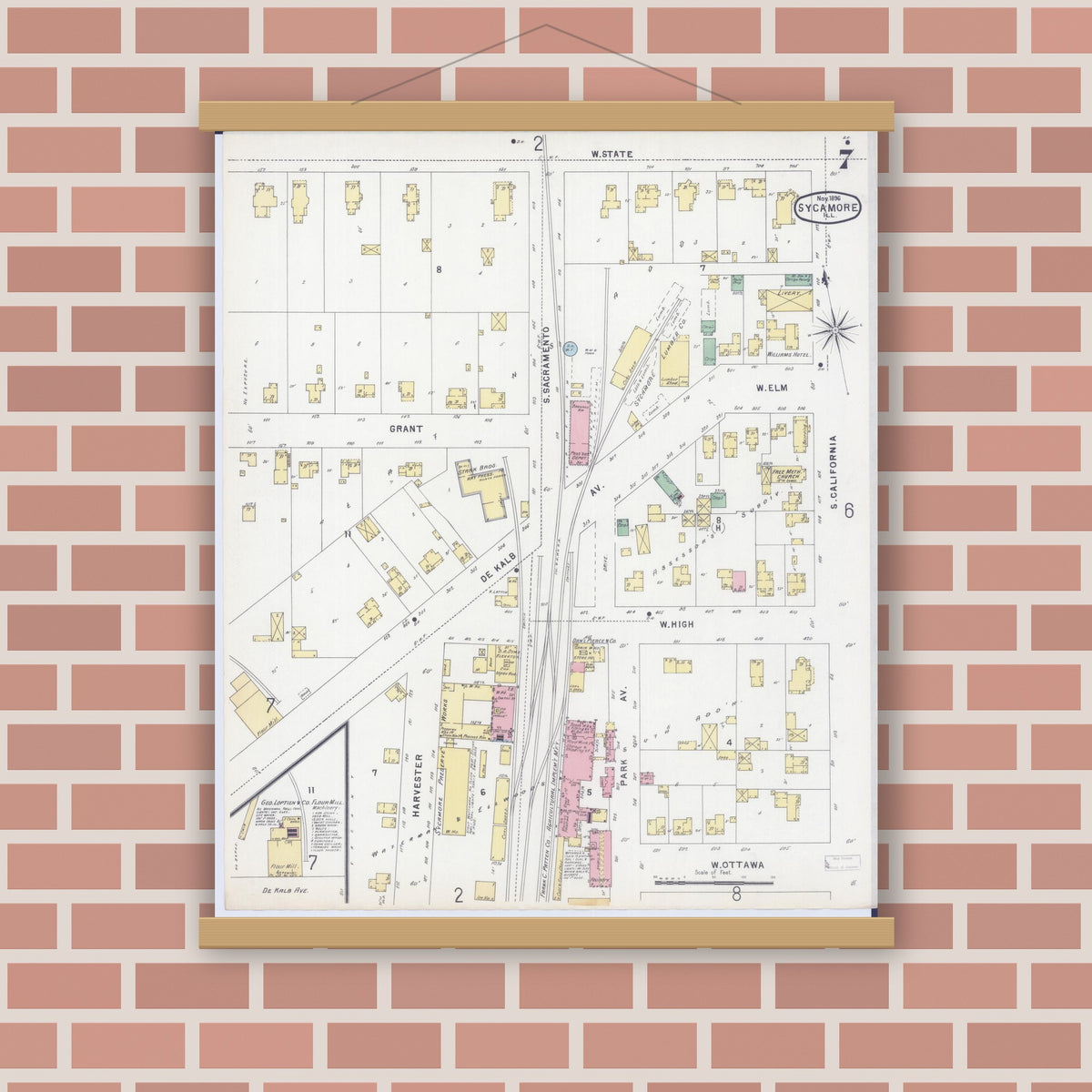 Old map wall art mockup — magnetic wood frame on brick wall — Sanborn Fire Insurance Map from Sycamore, De Kalb County, Illinois (1896), Sheet #0007