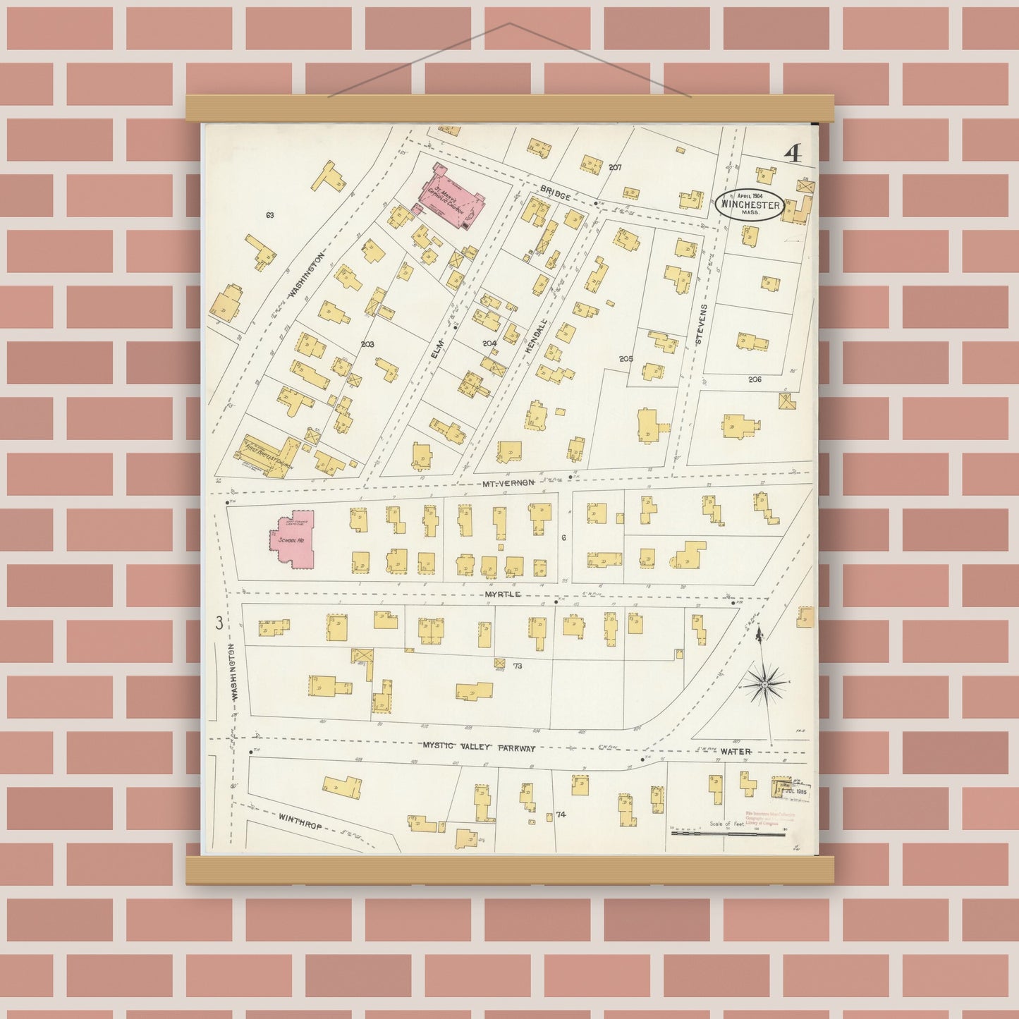 Old map wall art mockup — magnetic wood frame on brick wall — Sanborn Fire Insurance Map from Winchester, Middlesex County, Massachusetts (1904), Sheet #0004