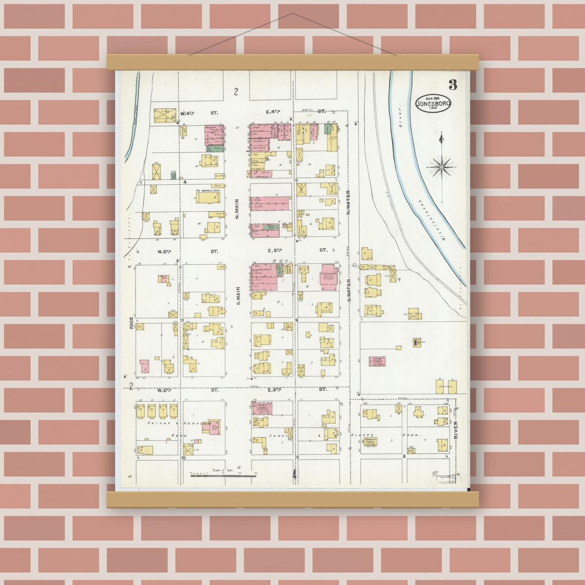 Old map wall art mockup — magnetic wood frame on brick wall — Sanborn Fire Insurance Map from Jonesboro, Grant County, Indiana (1904), Sheet #0003