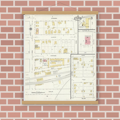 Old map wall art mockup — magnetic wood frame on brick wall — Sanborn Fire Insurance Map from Elmwood, Peoria County, Illinois (1918), Sheet #0005