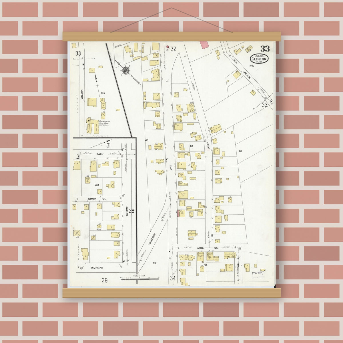Old map wall art mockup — magnetic wood frame on brick wall — Sanborn Fire Insurance Map from Clinton, Worcester County, Massachusetts (1911), Sheet #0033