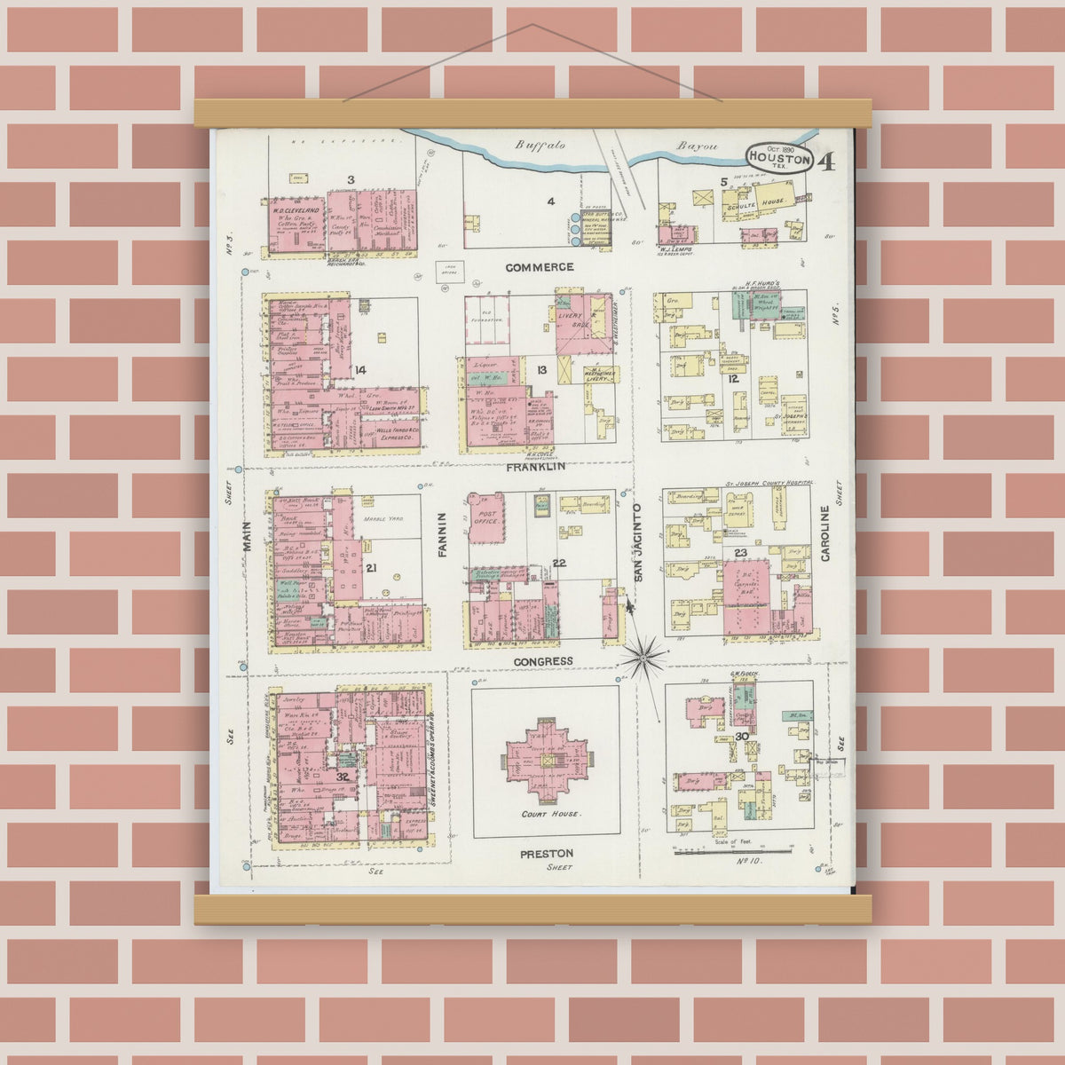 Old map wall art mockup — magnetic wood frame on brick wall — Sanborn Fire Insurance Map from Houston, Harris County, Texas (1890), Sheet #0004