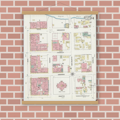Old map wall art mockup — magnetic wood frame on brick wall — Sanborn Fire Insurance Map from Houston, Harris County, Texas (1890), Sheet #0004