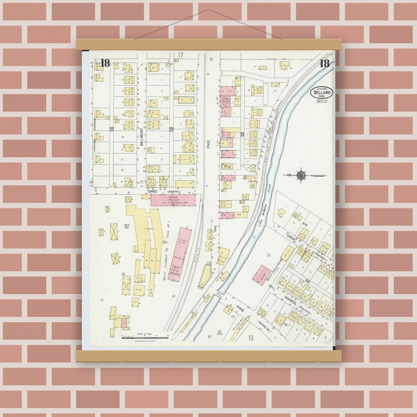 Old map wall art mockup — magnetic wood frame on brick wall — Sanborn Fire Insurance Map from Bellaire, Belmont County, Ohio (1924), Sheet #0018