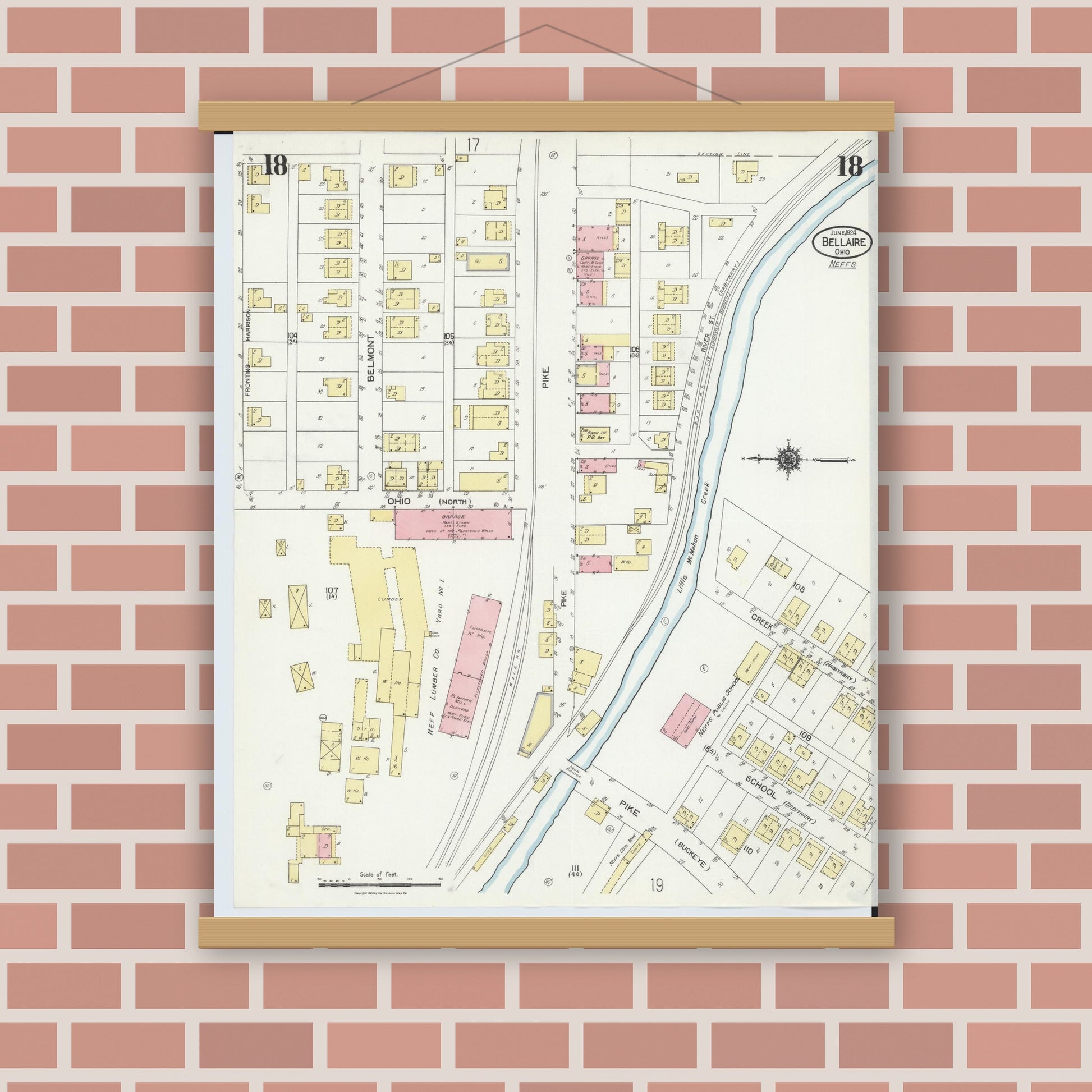 Old map wall art mockup — magnetic wood frame on brick wall — Sanborn Fire Insurance Map from Bellaire, Belmont County, Ohio (1924), Sheet #0018