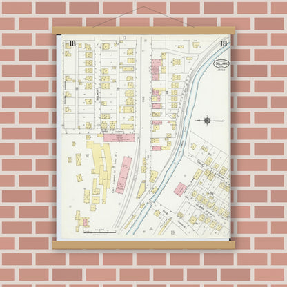 Old map wall art mockup — magnetic wood frame on brick wall — Sanborn Fire Insurance Map from Bellaire, Belmont County, Ohio (1924), Sheet #0018
