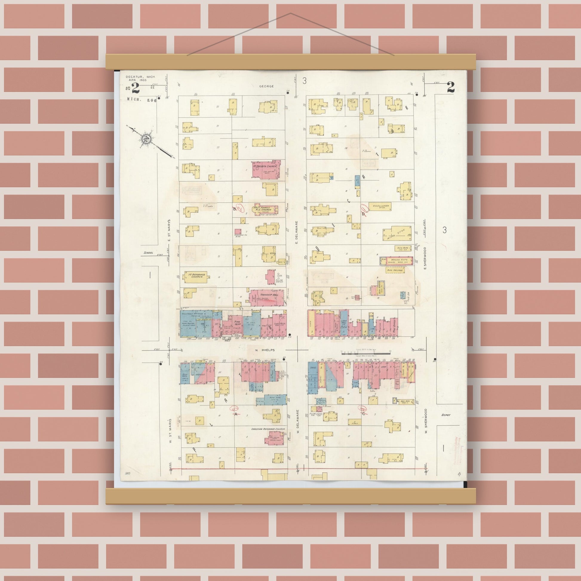 Old map wall art mockup — magnetic wood frame on brick wall — Sanborn Fire Insurance Map from Decatur, Van Buren County, Michigan (1944), Sheet #0002