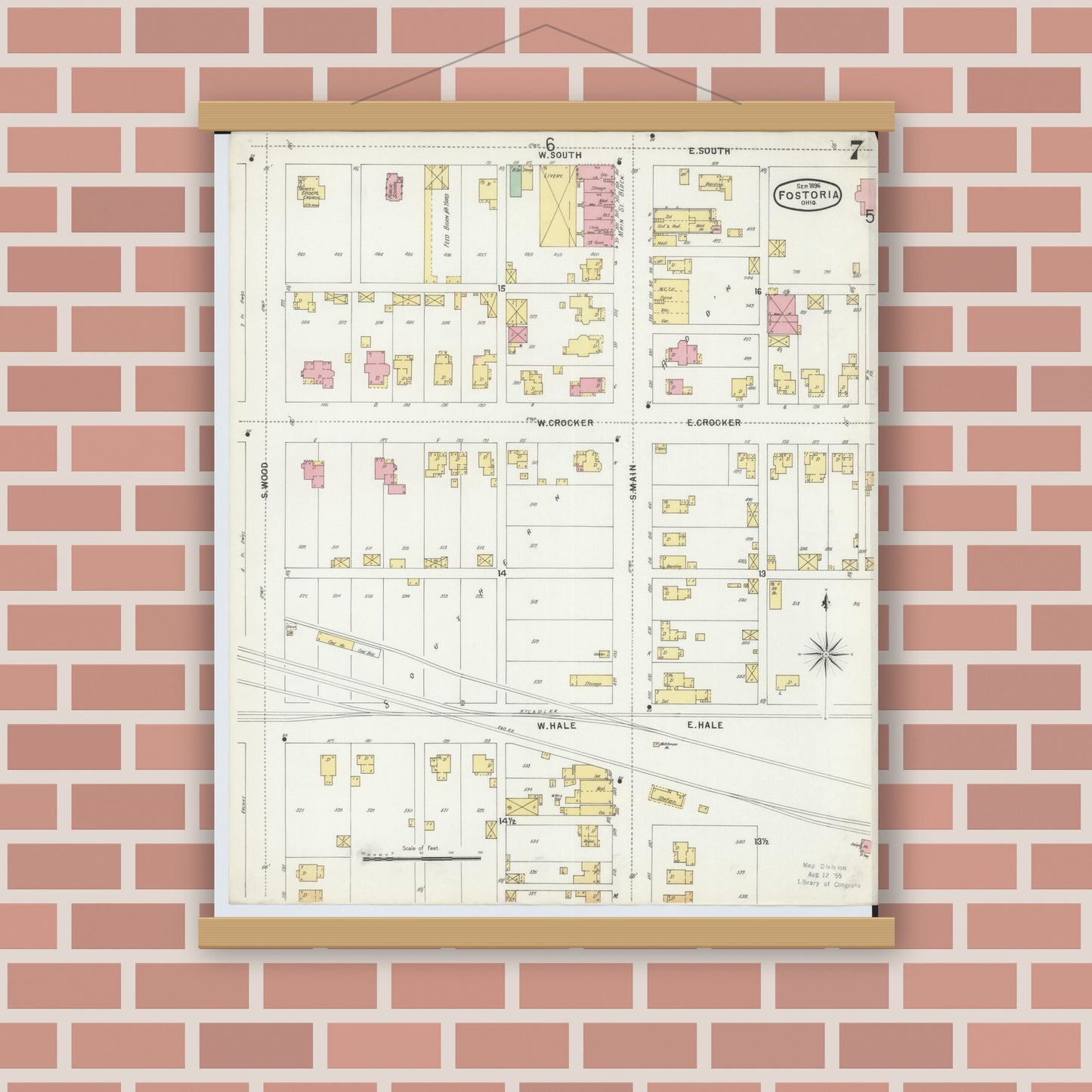 Old map wall art mockup — magnetic wood frame on brick wall — Sanborn Fire Insurance Map from Fostoria, Seneca, Hancock, And Wood Counties, Ohio (1896), Sheet #0007