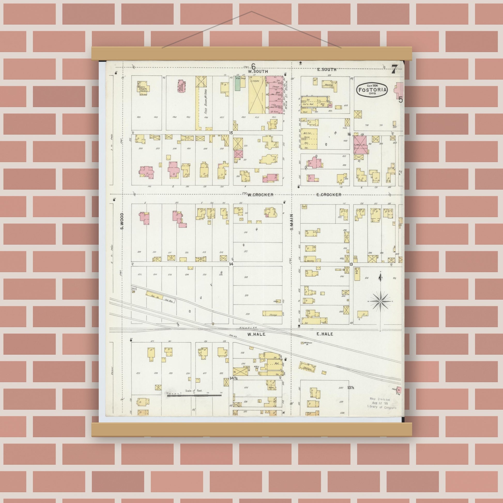 Old map wall art mockup — magnetic wood frame on brick wall — Sanborn Fire Insurance Map from Fostoria, Seneca, Hancock, And Wood Counties, Ohio (1896), Sheet #0007