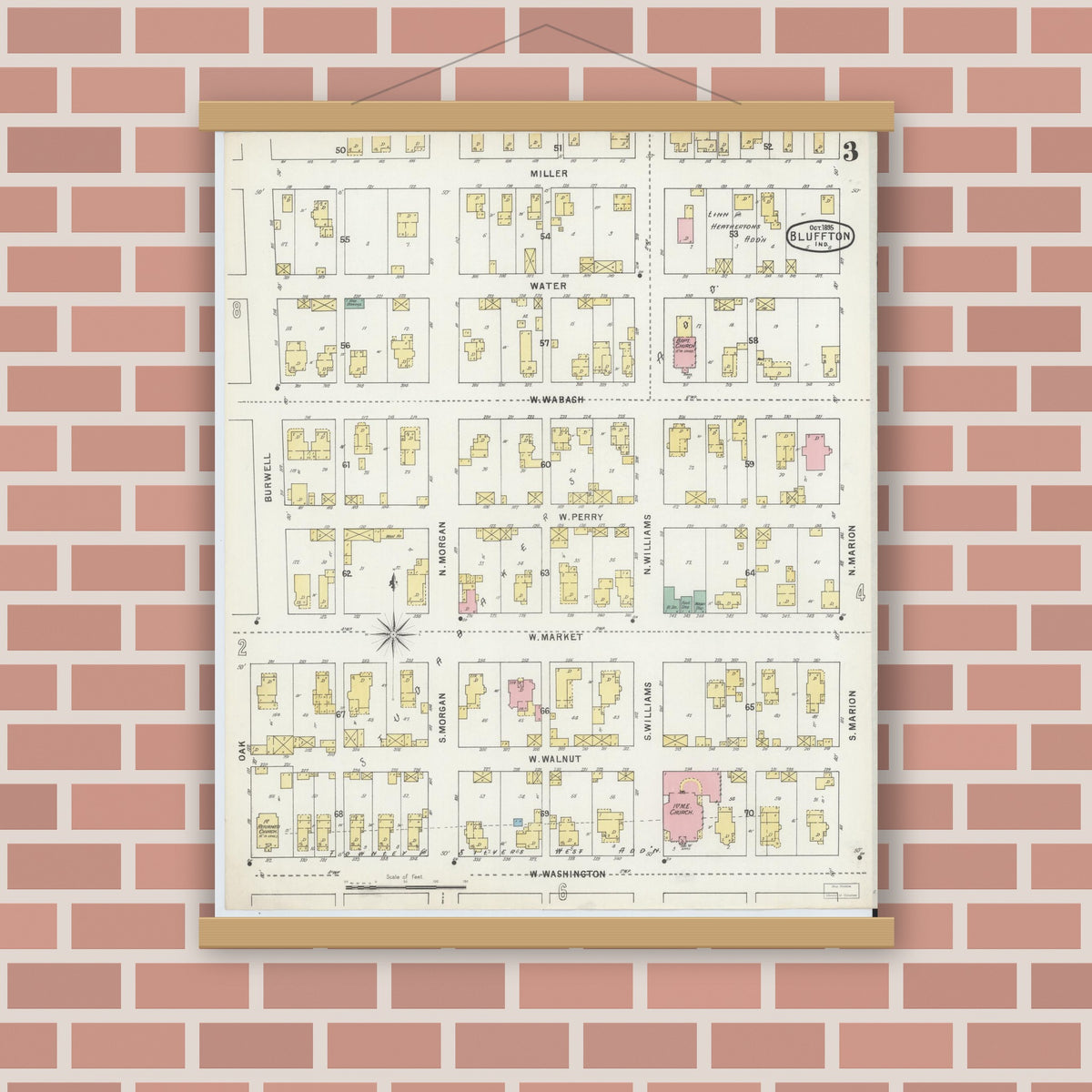 Old map wall art mockup — magnetic wood frame on brick wall — Sanborn Fire Insurance Map from Bluffton, Wells County, Indiana (1895), Sheet #0003
