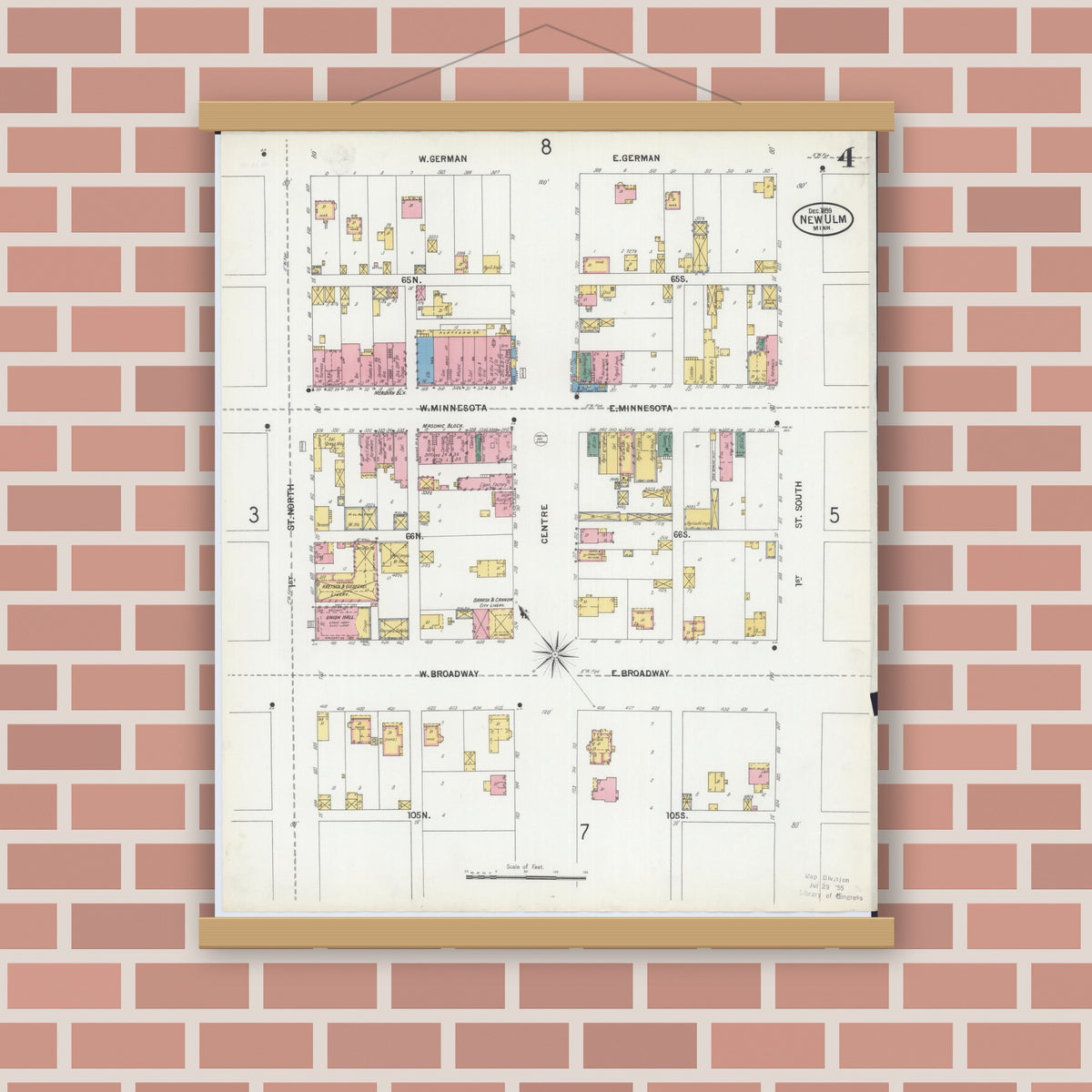 Old map wall art mockup — magnetic wood frame on brick wall — Sanborn Fire Insurance Map from New Ulm, Brown County, Minnesota (1899), Sheet #0004
