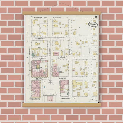 Old map wall art mockup — magnetic wood frame on brick wall — Sanborn Fire Insurance Map from Marshall, Harrison County, Texas (1889), Sheet #0002