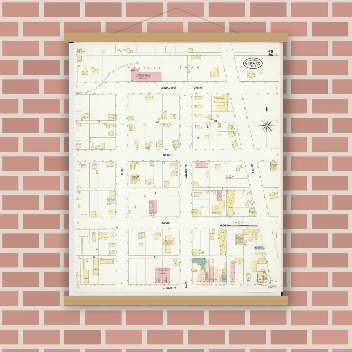 Old map wall art mockup — magnetic wood frame on brick wall — Sanborn Fire Insurance Map from Girard, Trumbull County, Ohio (1907), Sheet #0002