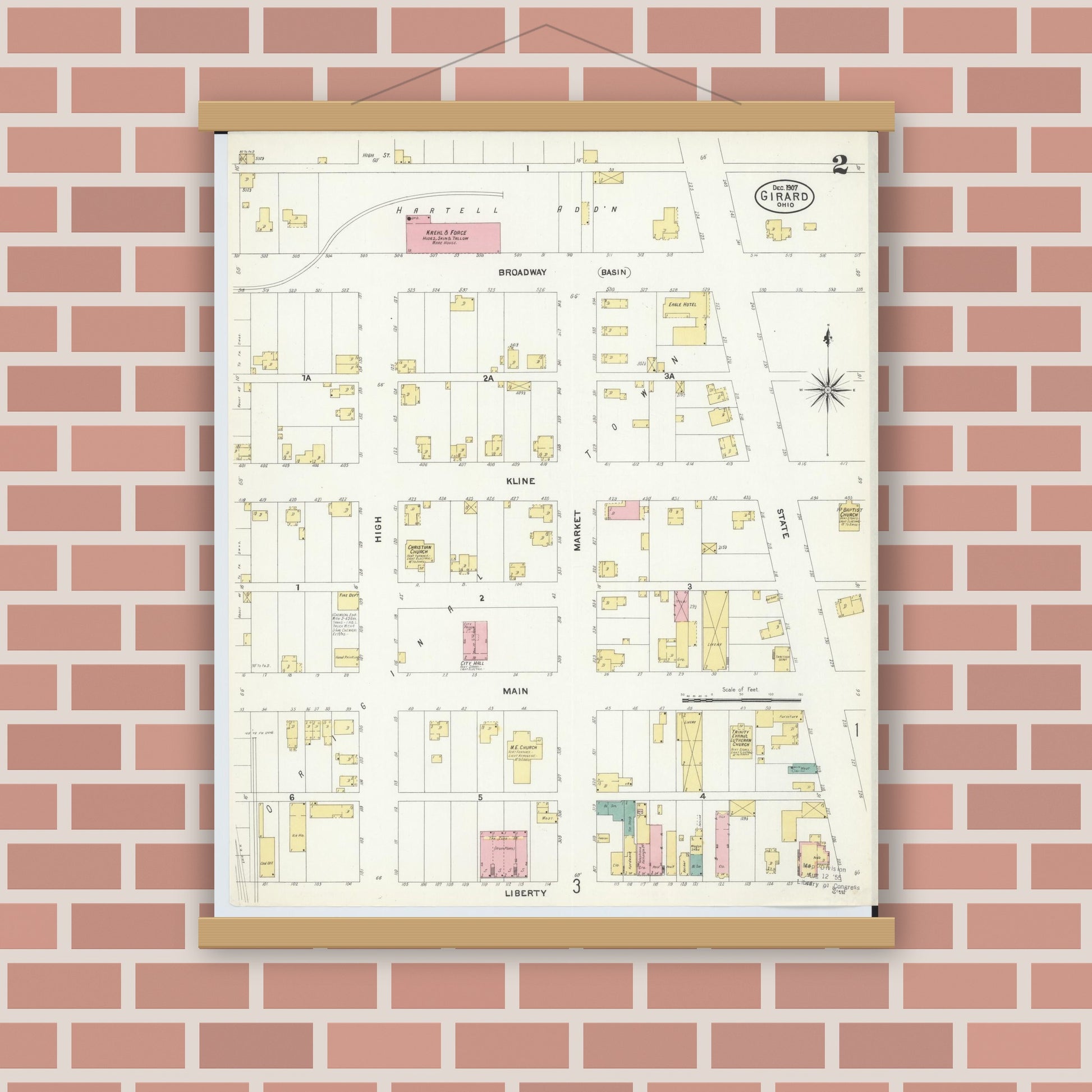 Old map wall art mockup — magnetic wood frame on brick wall — Sanborn Fire Insurance Map from Girard, Trumbull County, Ohio (1907), Sheet #0002