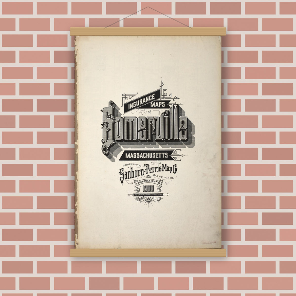 Old map wall art mockup — magnetic wood frame on brick wall — Sanborn Fire Insurance Map from Somerville, Middlesex County, Massachusetts (1900), Sheet #0001