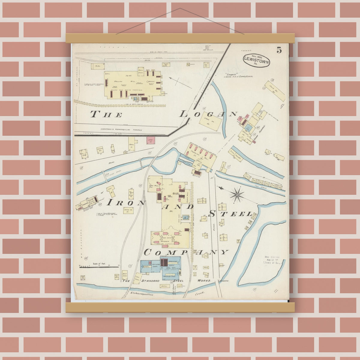 Old map wall art mockup — magnetic wood frame on brick wall — Sanborn Fire Insurance Map from Lewistown, Mifflin County, Pennsylvania (1885), Sheet #0005