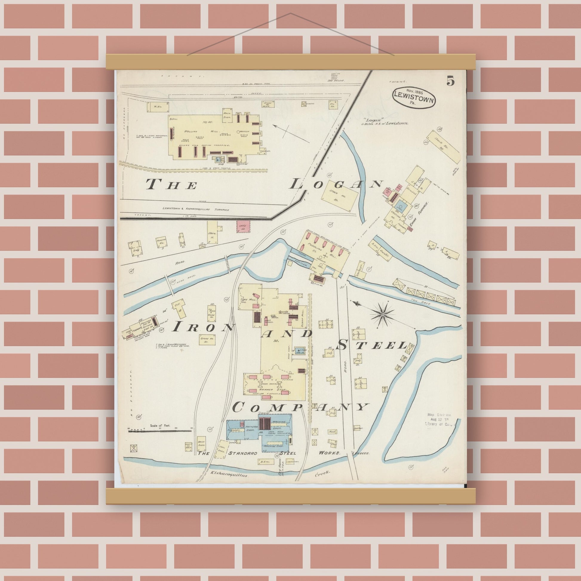 Old map wall art mockup — magnetic wood frame on brick wall — Sanborn Fire Insurance Map from Lewistown, Mifflin County, Pennsylvania (1885), Sheet #0005