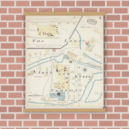 Old map wall art mockup — magnetic wood frame on brick wall — Sanborn Fire Insurance Map from Lewistown, Mifflin County, Pennsylvania (1885), Sheet #0005