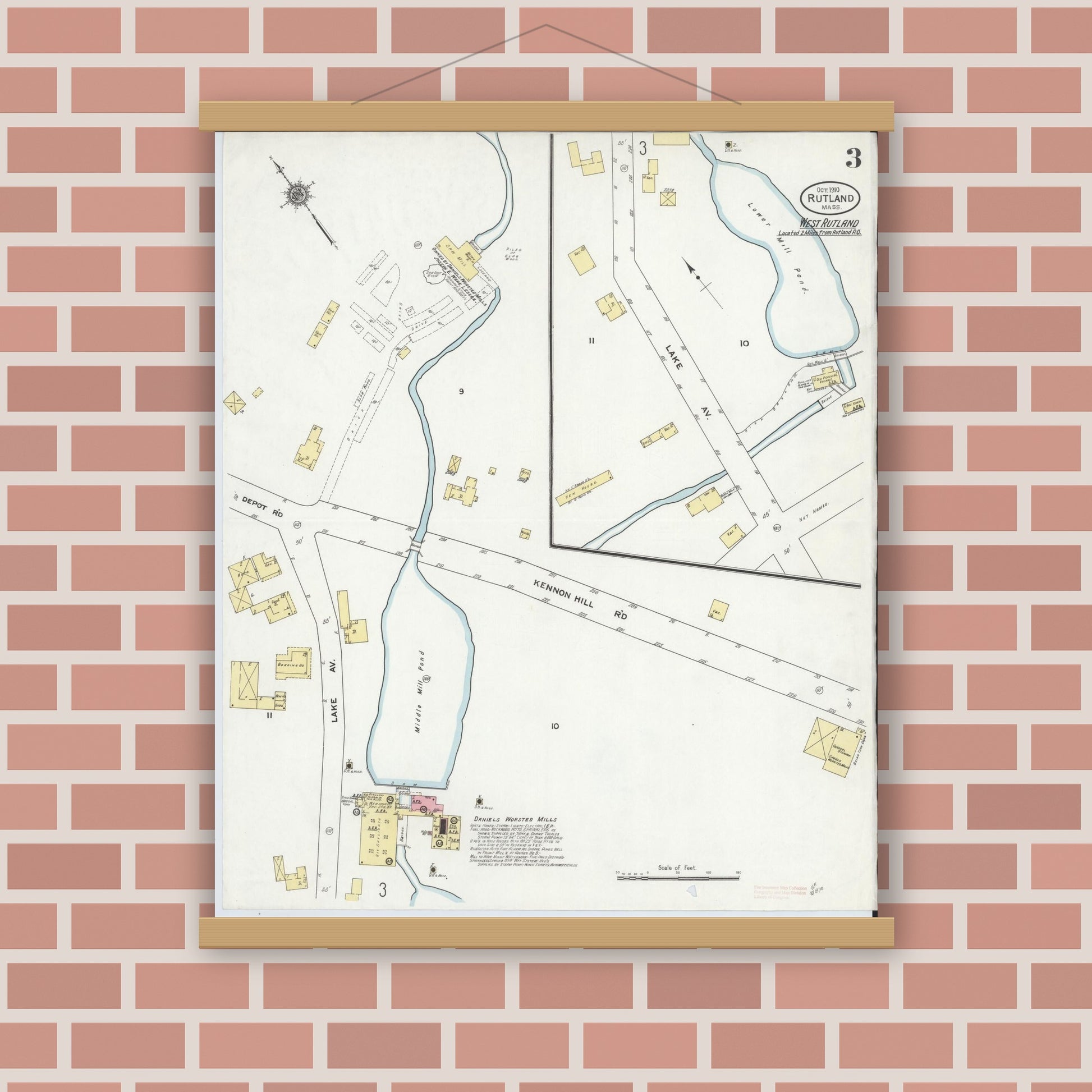 Old map wall art mockup — magnetic wood frame on brick wall — Sanborn Fire Insurance Map from Rutland, Worcester County, Massachusetts (1910), Sheet #0003