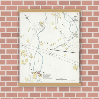 Old map wall art mockup — magnetic wood frame on brick wall — Sanborn Fire Insurance Map from Rutland, Worcester County, Massachusetts (1910), Sheet #0003