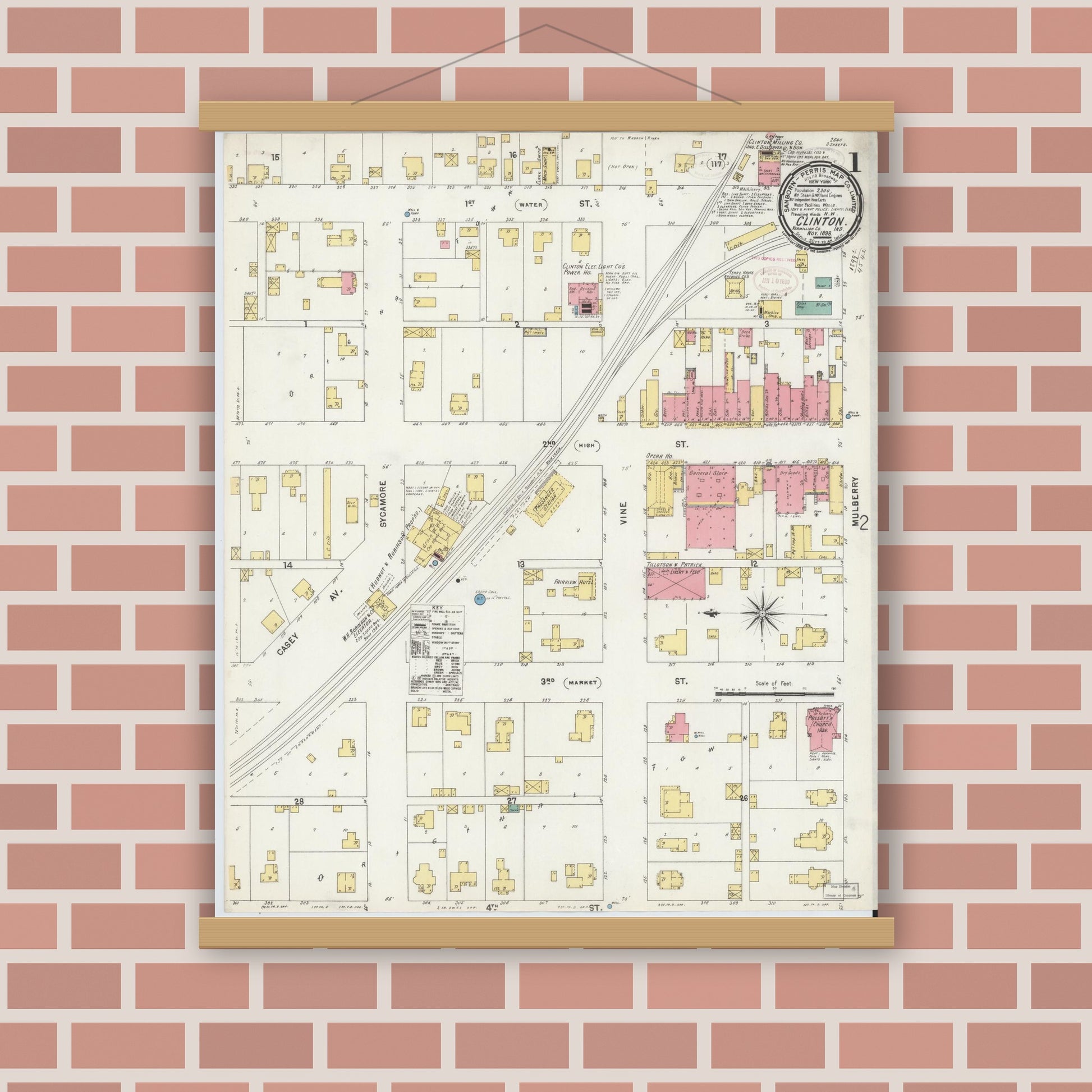 Old map wall art mockup — magnetic wood frame on brick wall — Sanborn Fire Insurance Map from Clinton, Vermillion County, Indiana (1898) - Complete Map Set