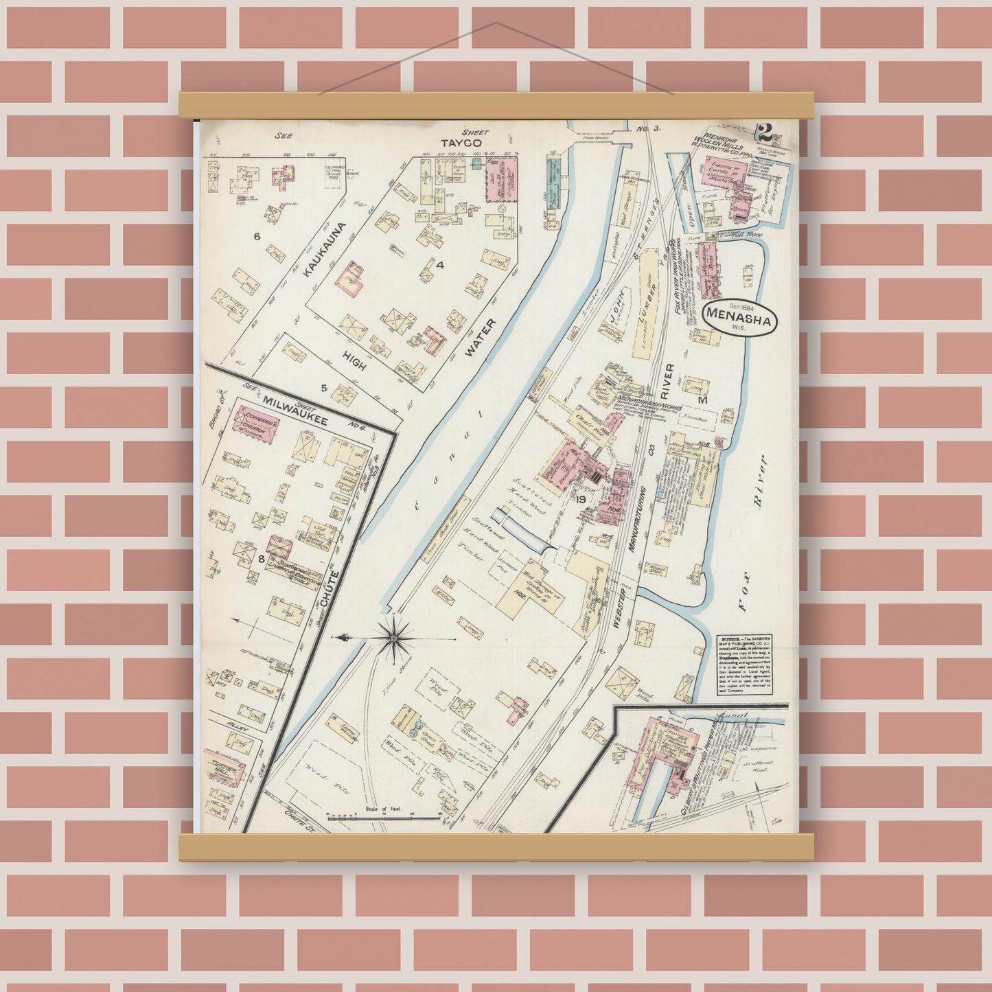 Old map wall art mockup — magnetic wood frame on brick wall — Sanborn Fire Insurance Map from Menasha, Winnebago County, Wisconsin (1884), Sheet #0002