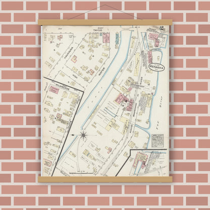 Old map wall art mockup — magnetic wood frame on brick wall — Sanborn Fire Insurance Map from Menasha, Winnebago County, Wisconsin (1884), Sheet #0002