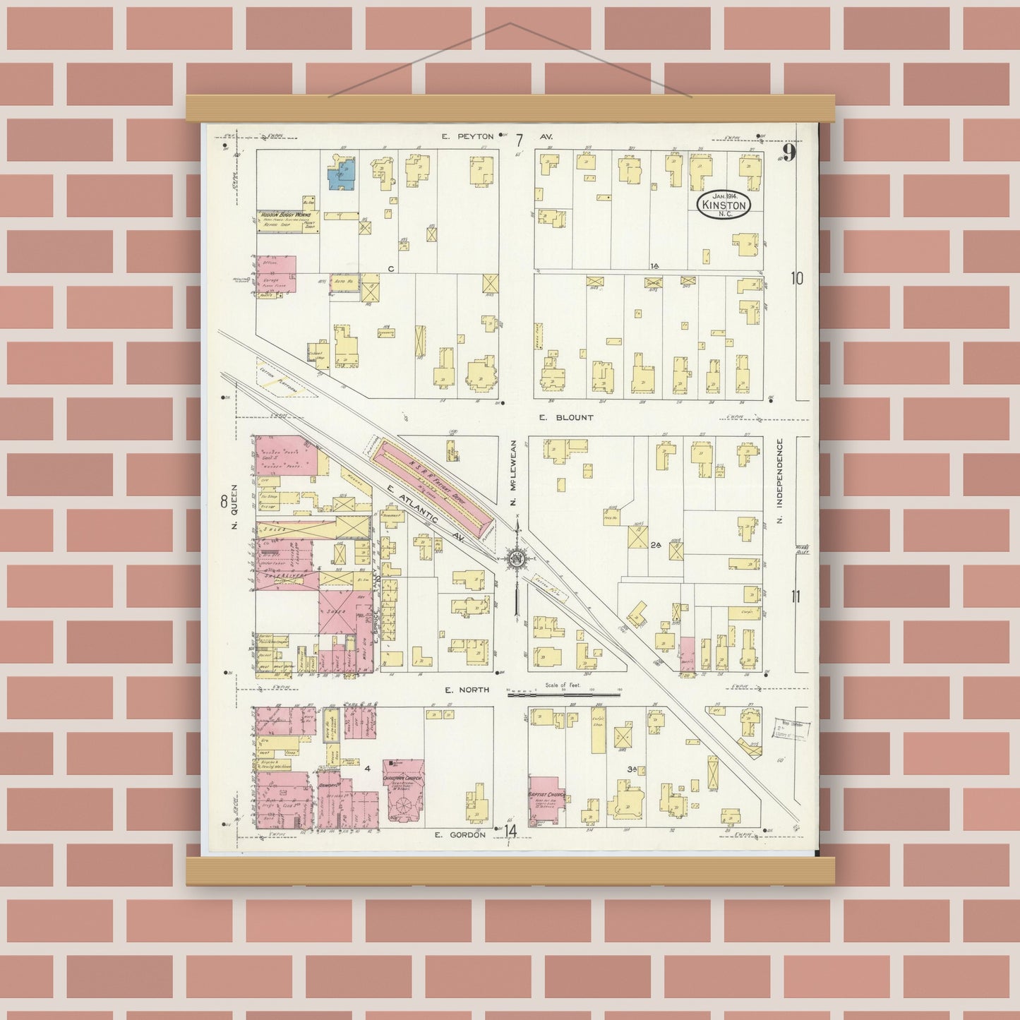 Old map wall art mockup — magnetic wood frame on brick wall — Sanborn Fire Insurance Map from Kinston, Lenoir County, North Carolina (1914), Sheet #0009
